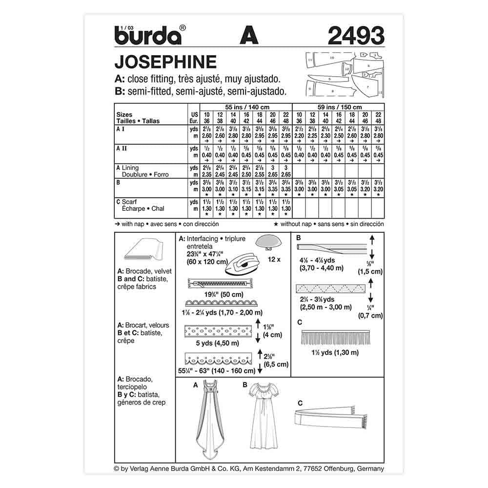 BURDA Empire Dress & Shawl Costume Sewing Pattern 2493