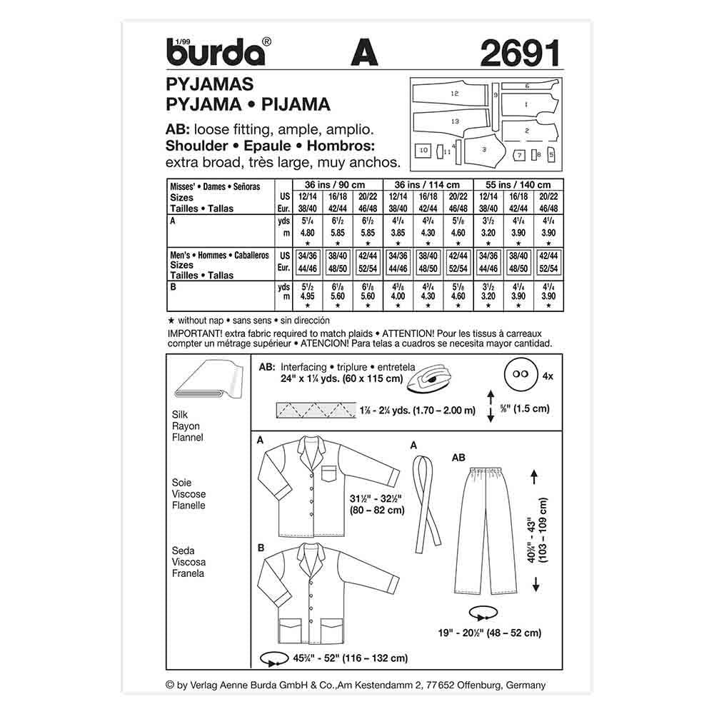 BURDA Unisex Pyjamas Sewing Pattern 2691