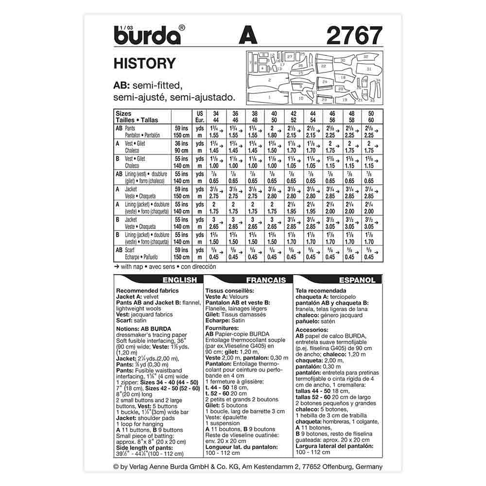 BURDA Men's Historical Costume Sewing Pattern 2767