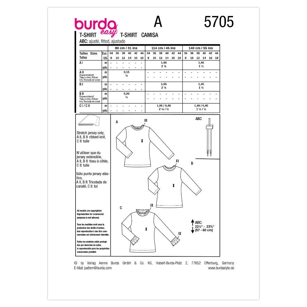 BURDA Sewing Pattern 5705 Shirts, 3 Variations (Paper)