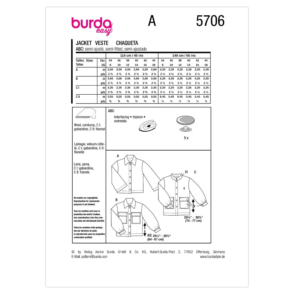 BURDA Sewing Pattern 5706 Jackets, 3 Options (Paper)