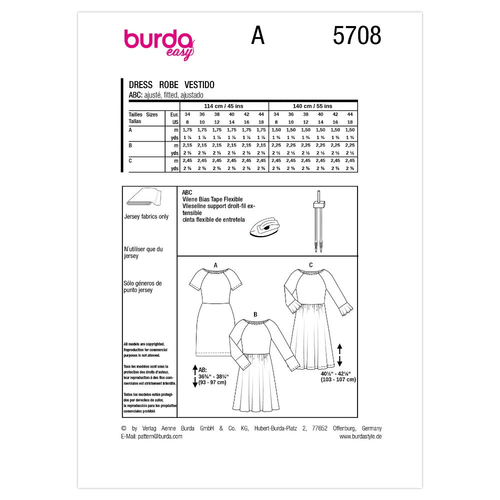 BURDA Sewing Pattern 5708 Dresses, 3 Options (Paper)