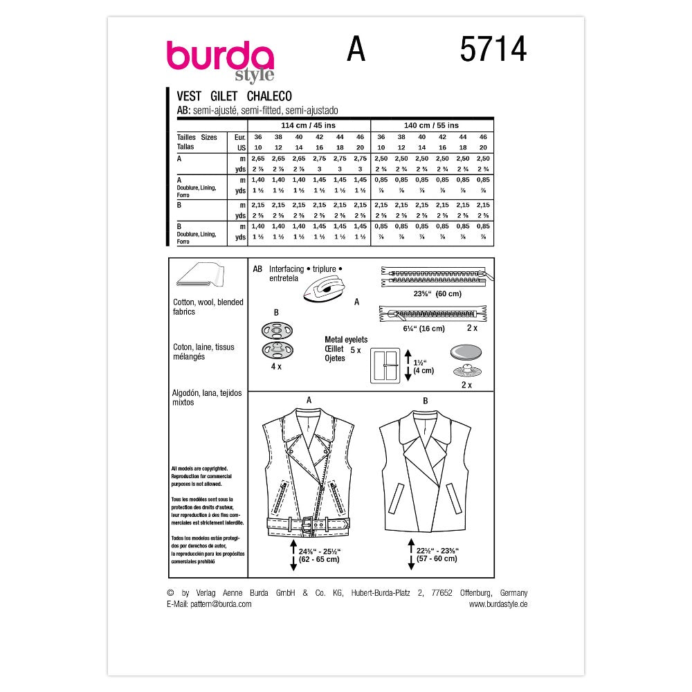 BURDA Sewing Pattern 5714 Tailored Vests, 2 Variations (Paper)