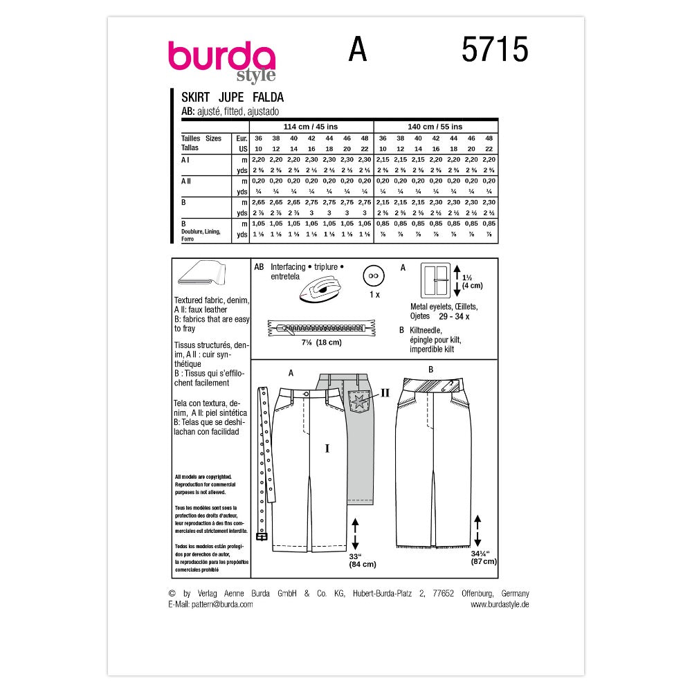 BURDA Sewing Pattern 5715 Denim Skirts, 2 Designs (Paper)