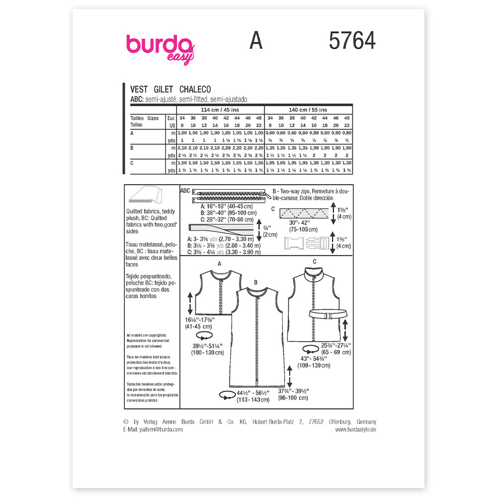 BURDA Envelope Sewing Pattern 5764 Waistcoats & Vest