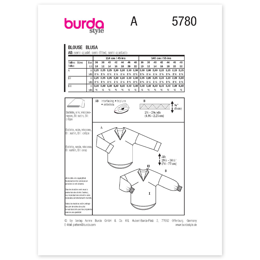 BURDA Sewing Pattern 5780 Blouse