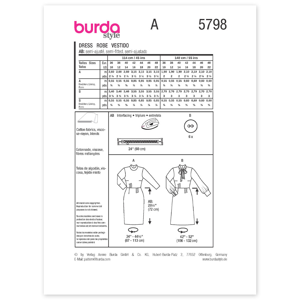 BURDA Sewing Pattern 5798 Dress