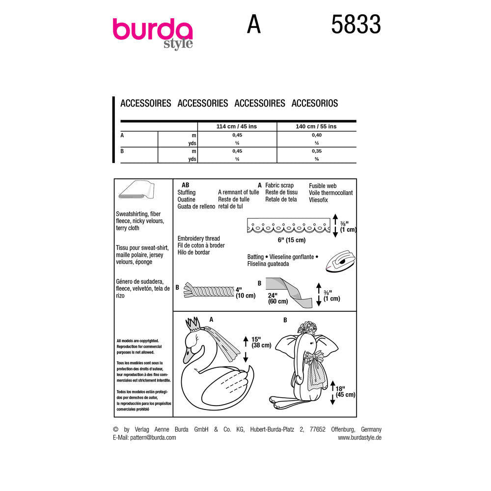 BURDA Sewing Pattern 5833 Stuffed Animals, Swan & Elephant
