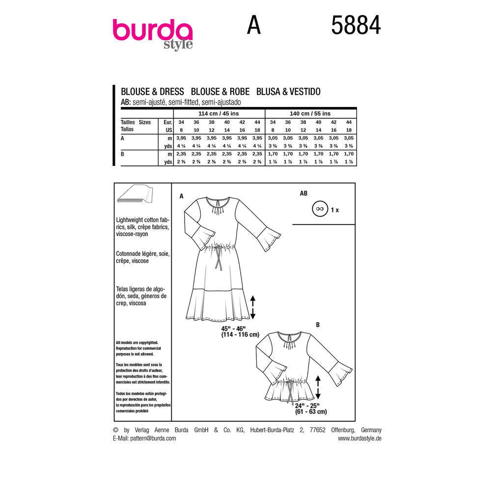 BURDA 5884 Blouse & Dress Sewing Pattern