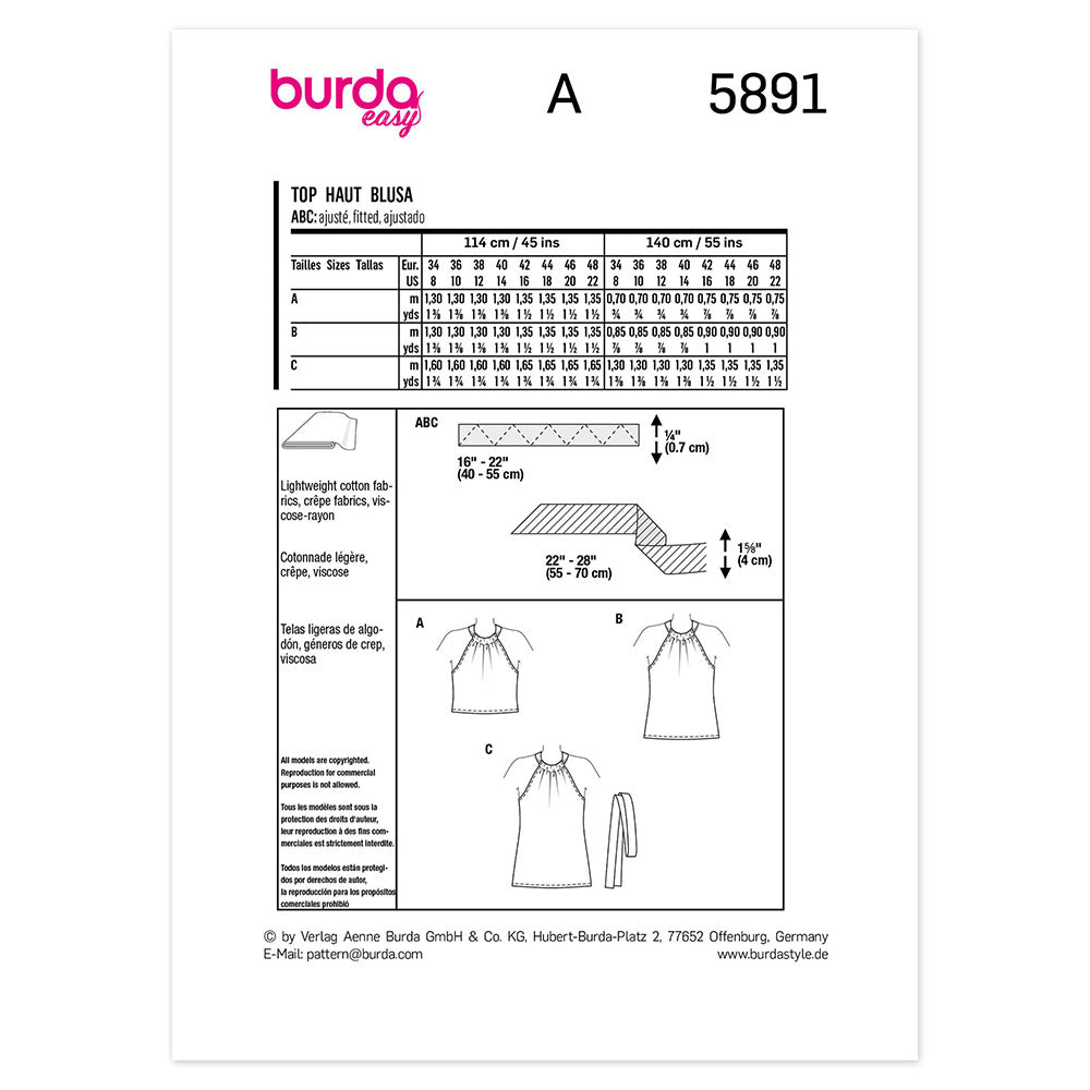 BURDA 5891 Ladies Halter Top Sewing Pattern