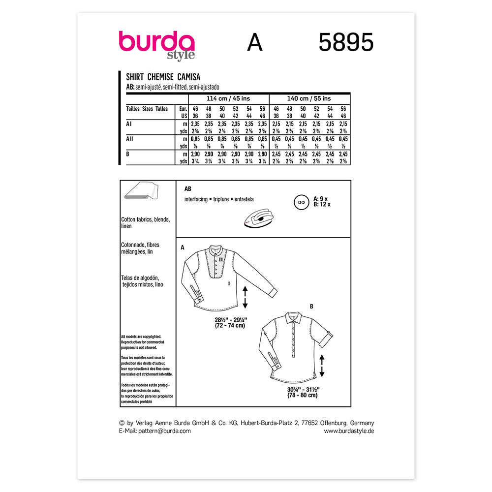 BURDA 5895 Semi-Fitted Mens Shirt Sewing Pattern