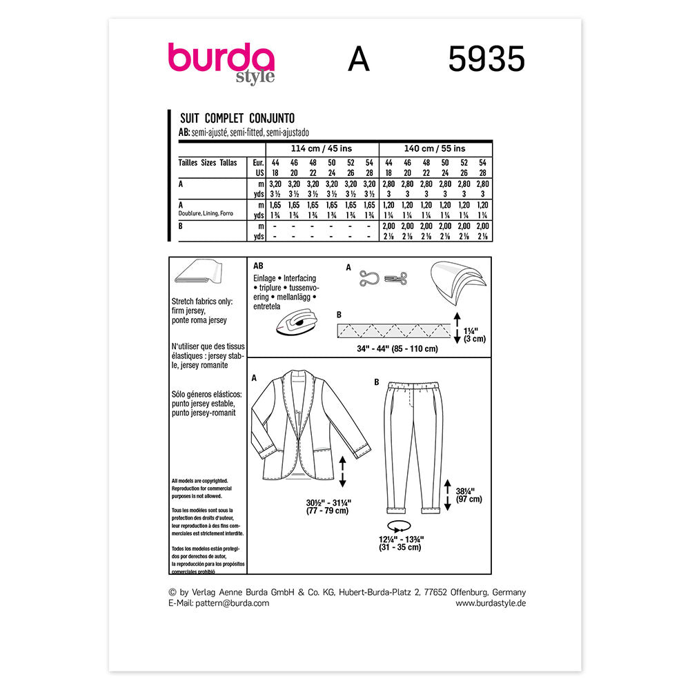 BURDA 5935 Plus Size Jacket And Pants Sewing Pattern