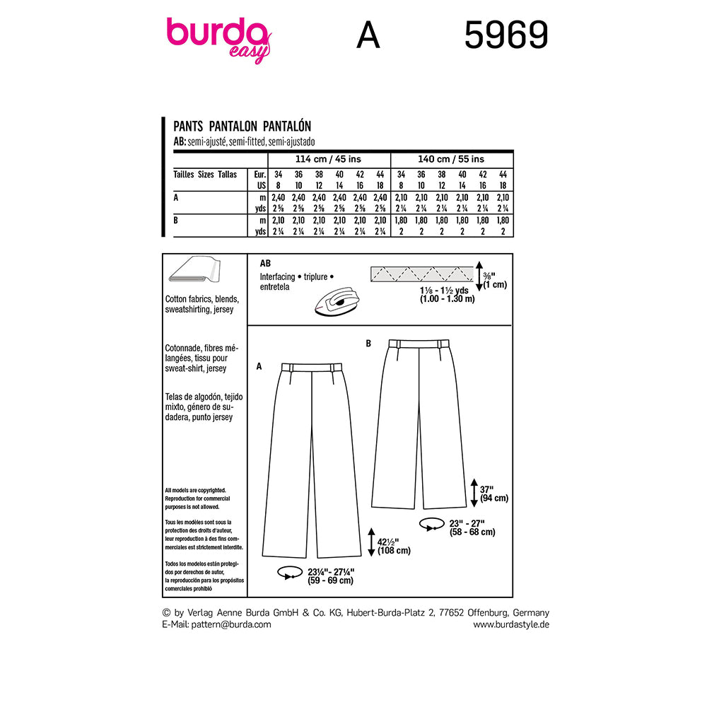 BURDA Sewing Pattern 5969 Trousers / Culottes, Elastic Waist