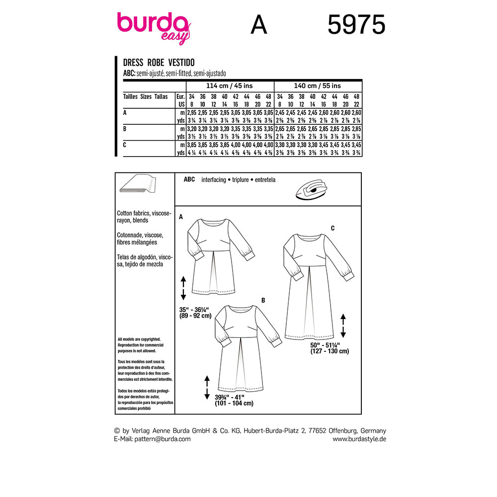 BURDA Sewing Pattern 5975 Dress, Slip-On