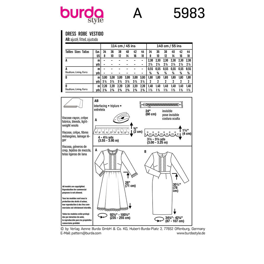 BURDA Sewing Pattern 5983 Dress, Wide Skirt or Pencil Skirt
