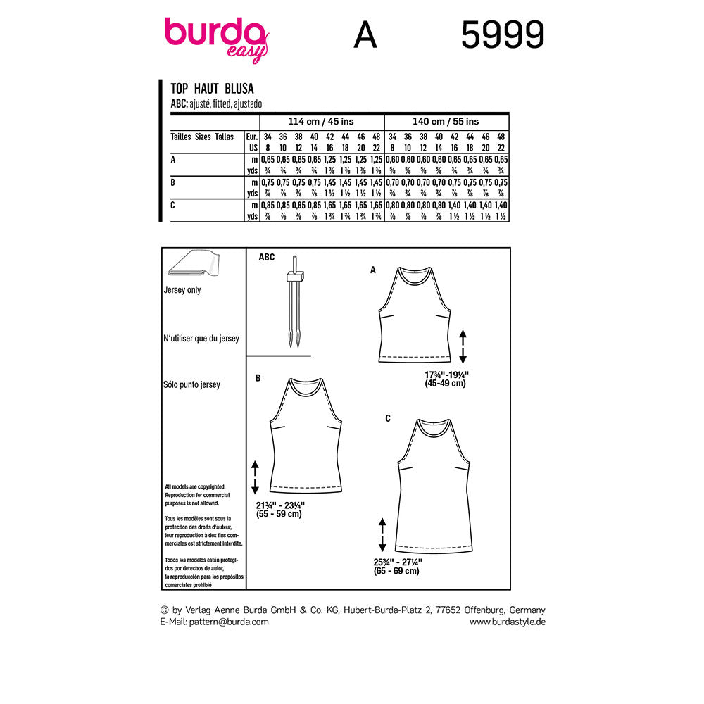 BURDA Sewing Pattern 5999 Tank Top, Three Lengths
