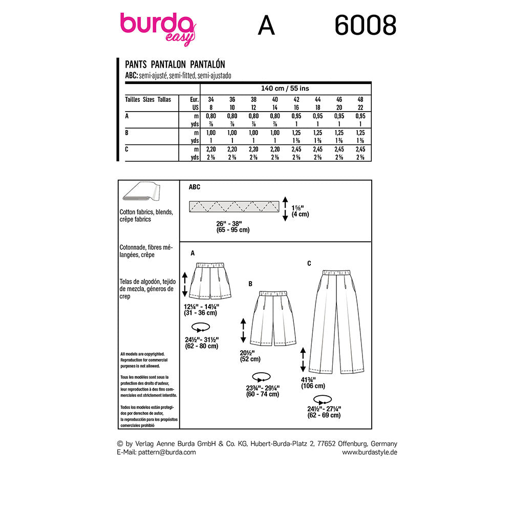 BURDA Sewing Pattern 6008 Trousers / Pants, Elastic Waist