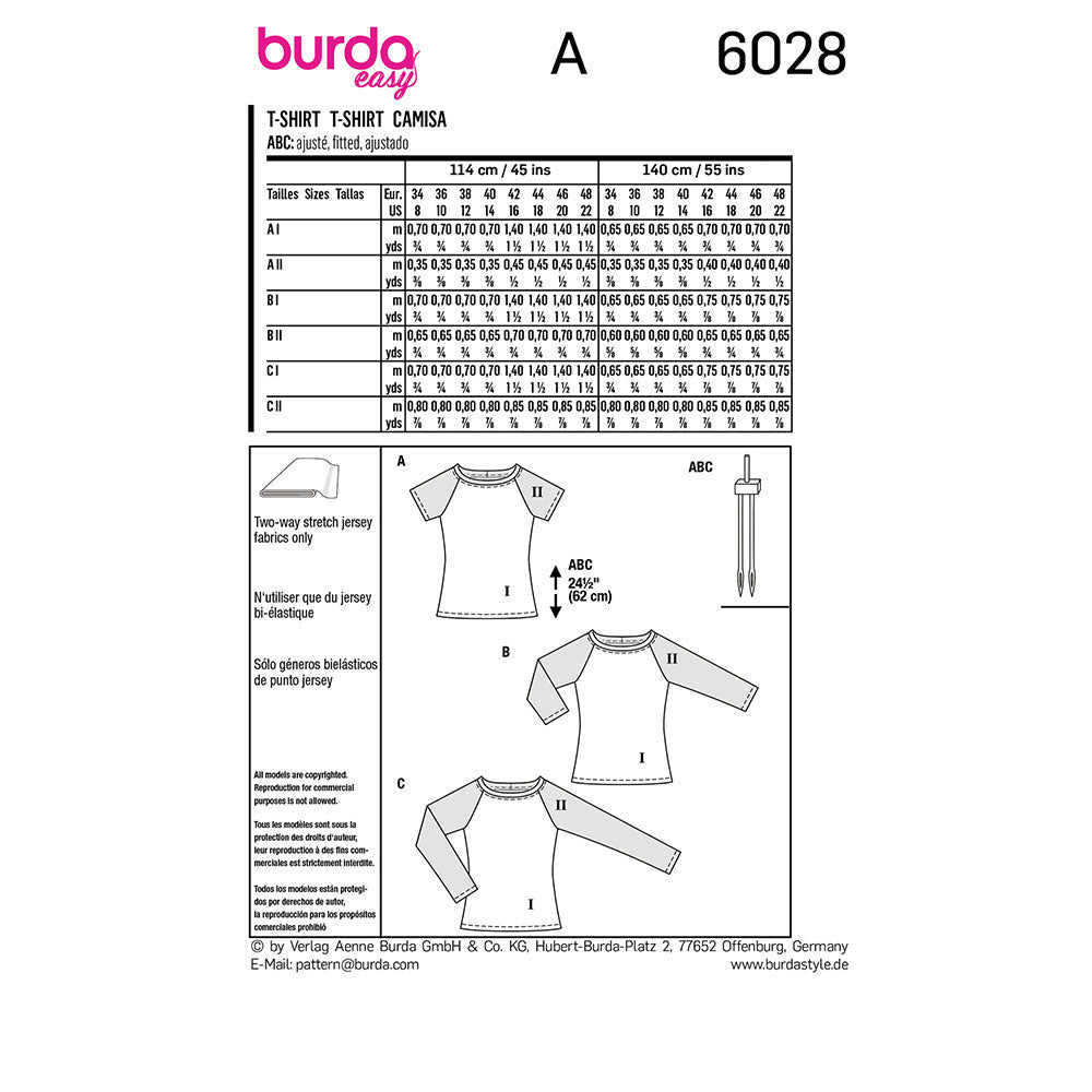BURDA Sewing Pattern 6028 Raglan Top, Shallow Neckline