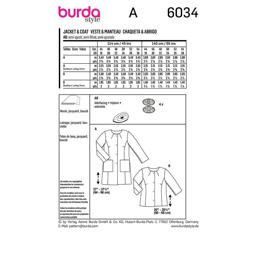 BURDA Sewing Pattern 6034 Coat / Jacket, Collarless