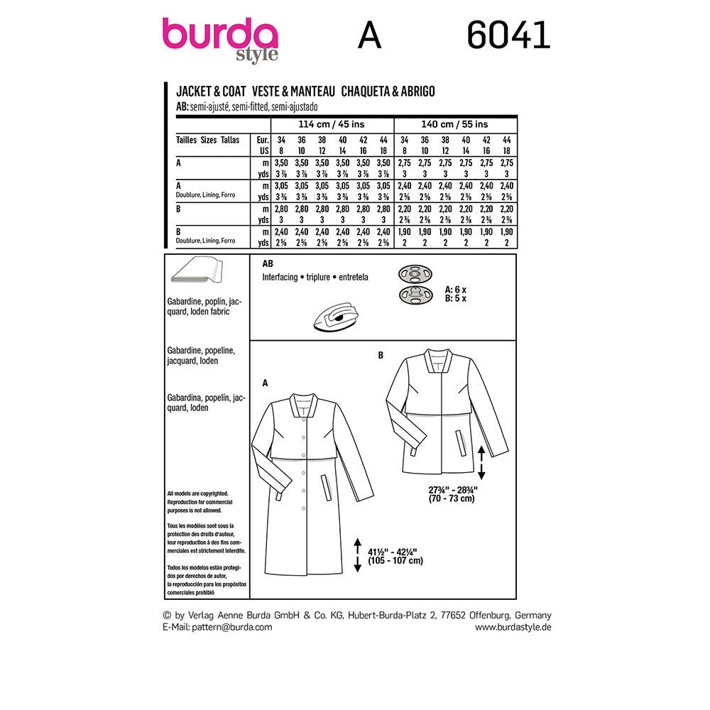 BURDA Coat / Jacket Sewing Pattern 6041