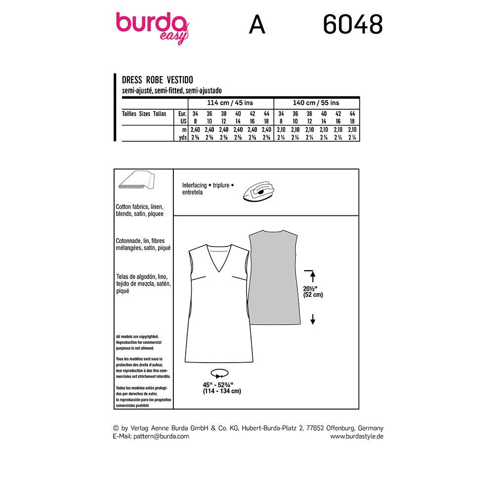BURDA Shift Dress With V-Neck Sewing Pattern 6048