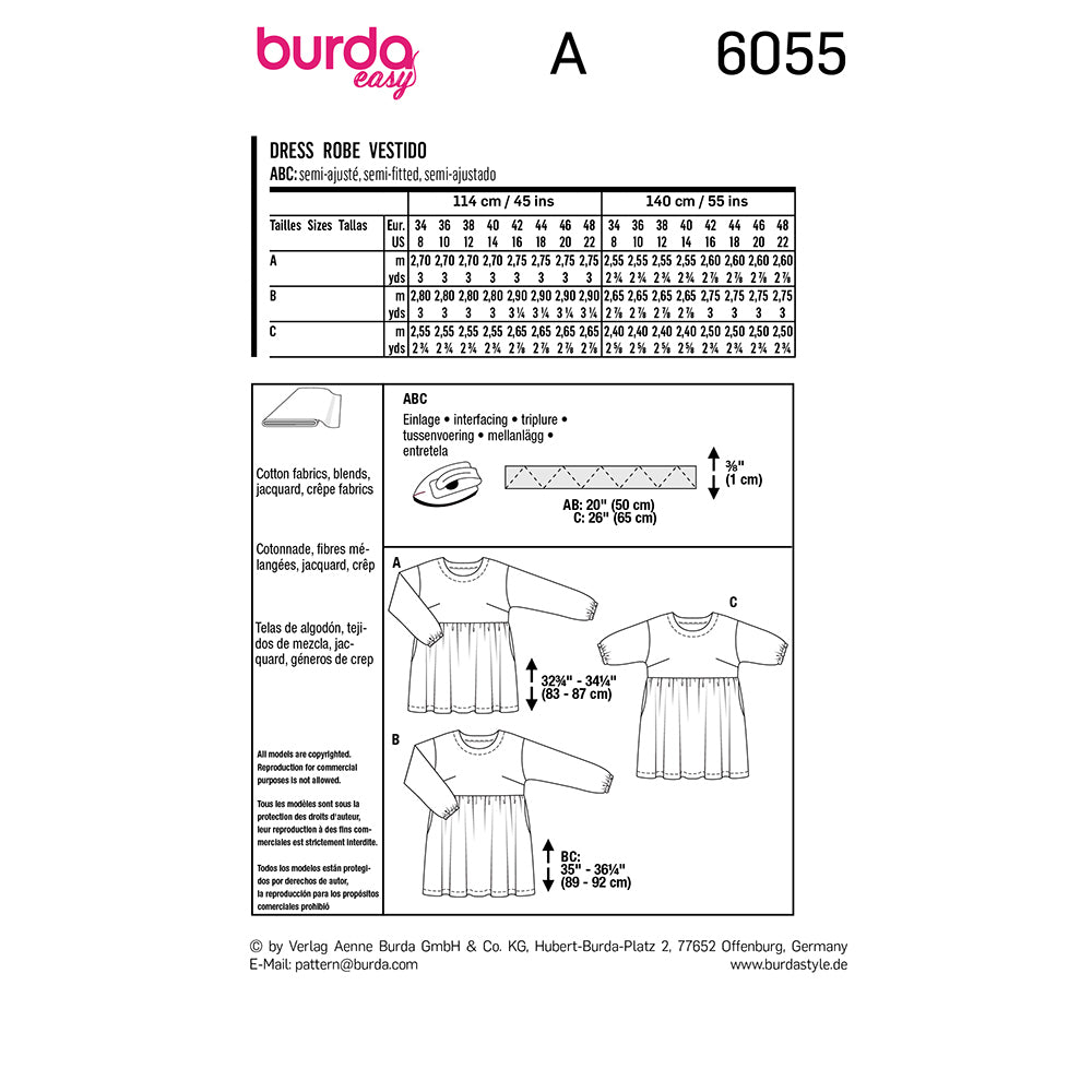 BURDA Dress With Gathered Skirt Sewing Pattern 6055