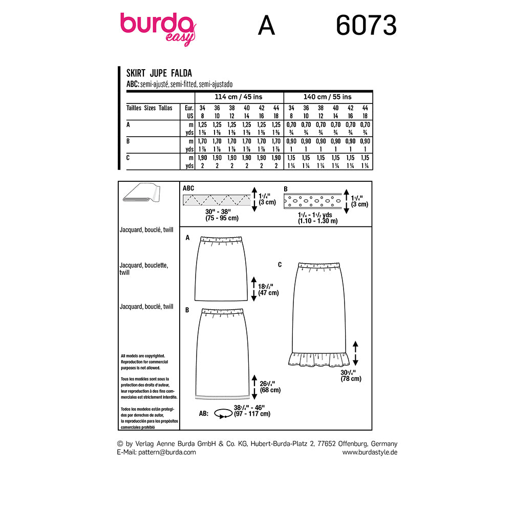 BURDA Skirt In Three Lengths With Elastic, Slim Shape Sewing Pattern 6073