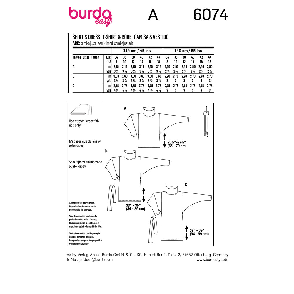 BURDA Top, Dress – With Loose Roll Neck Collar Sewing Pattern 6074