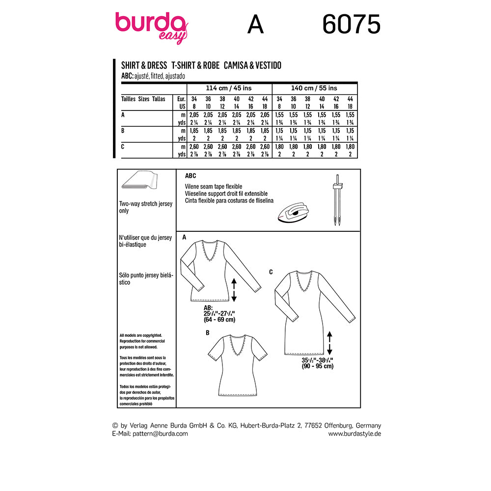 BURDA Top, Dress – Slim Shape With V-Neck Sewing Pattern 6075