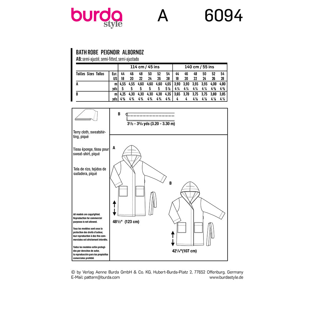 BURDA 6094 Bathrobe with Hood and Patch Pockets Sewing Pattern