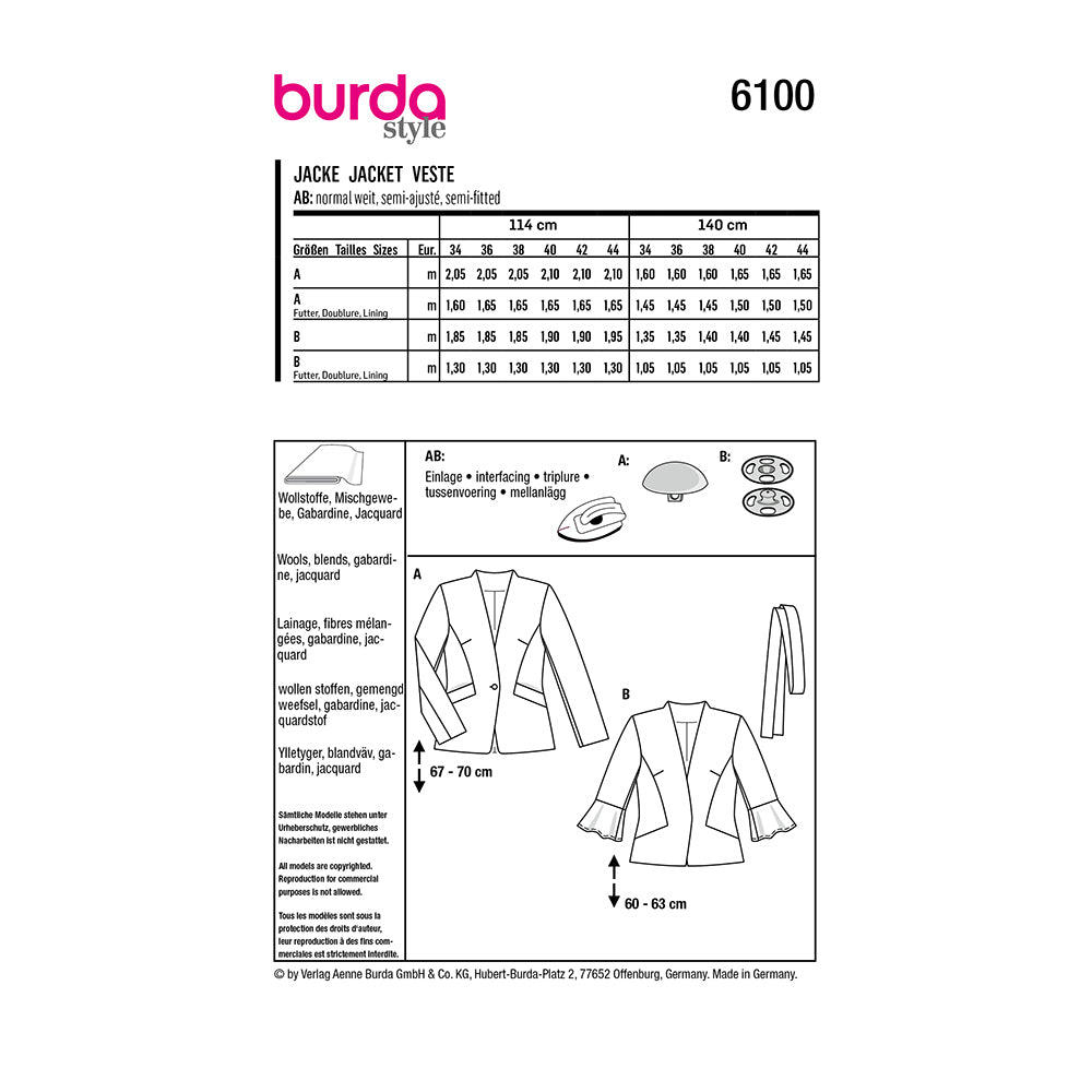 BURDA 6100 Misses' Lined Jacket with Integral Collar Sewing Pattern