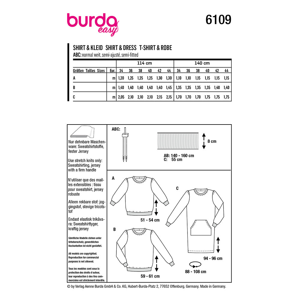 BURDA 6109 Sweatshirt or Dress with Gathered Sleeves Sewing Pattern