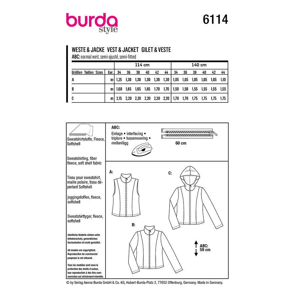 BURDA 6114 Vest or Jacket with Stand Collar or Hood Sewing Pattern