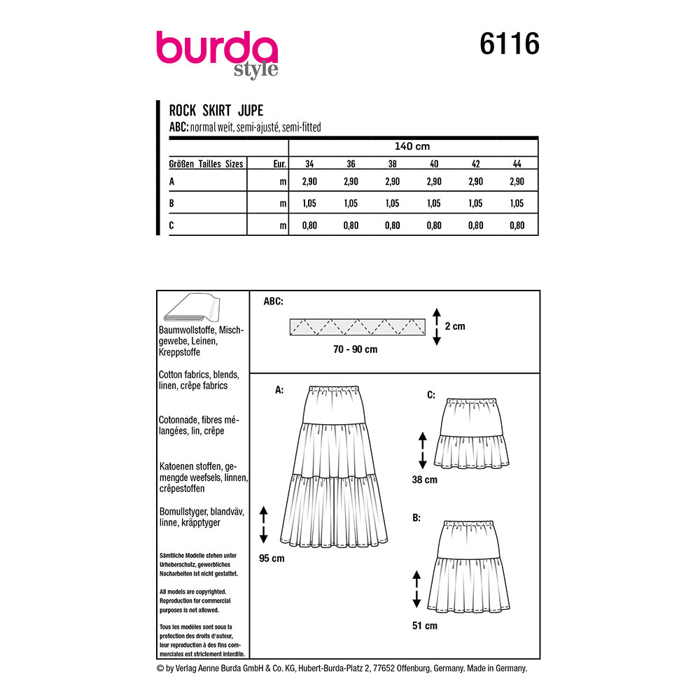 BURDA 6116 Tiered Skirt with Elastic Waist in Two Lengths Sewing Pattern
