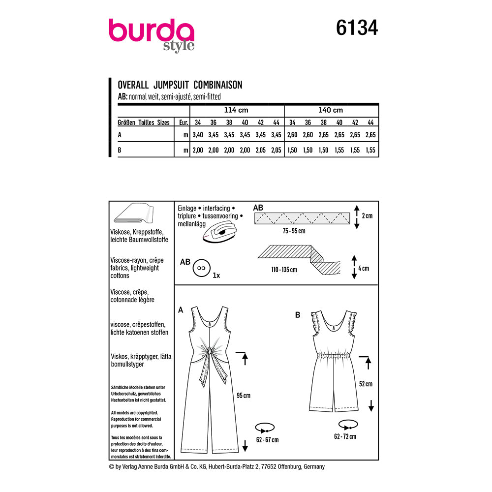 BURDA 6134 Sleeveless Jumpsuit with Tie-Shoulder Options Sewing Pattern