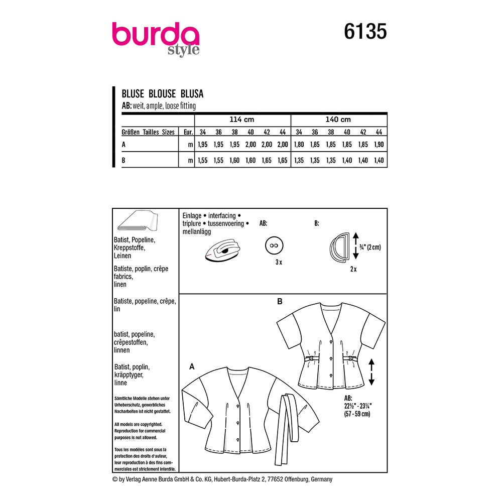 BURDA 6135 V-Neck Blouse with Tie Belt or Tab Details Sewing Pattern