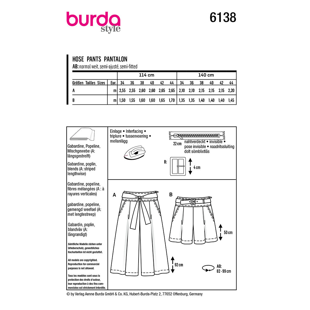 BURDA 6138 High-Waisted Culottes or Shorts with Pleats Sewing Pattern