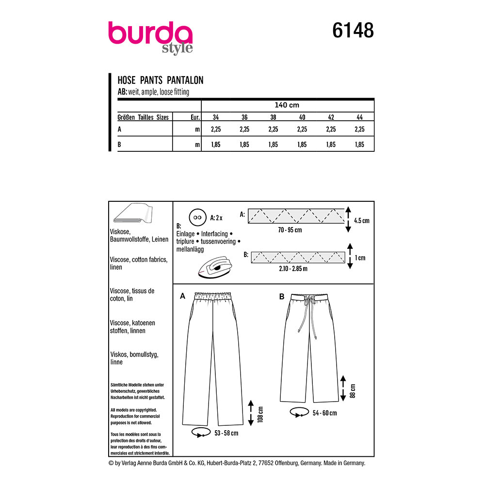BURDA Sewing Pattern Trousers Relaxed Fit 6148 Paper Pattern