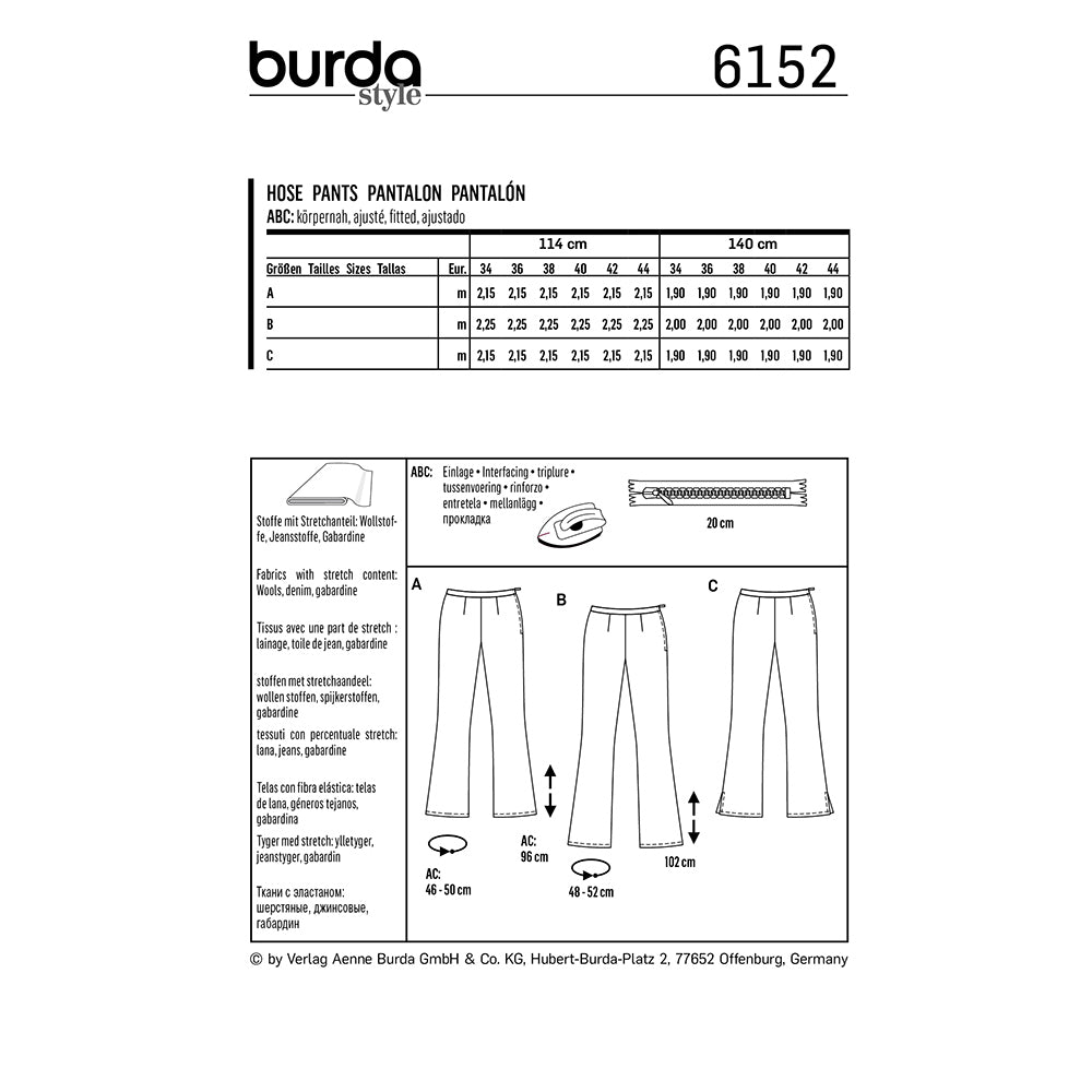 BURDA Sewing Pattern Flared Trousers Side Zip 6152 Paper Pattern