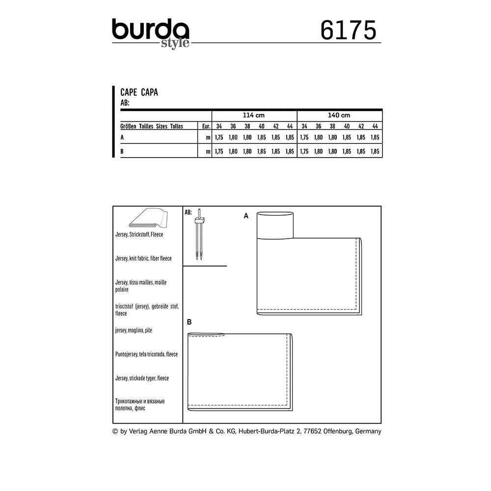 BURDA Sewing Pattern Cape/Poncho Collar Option 6175 Paper Pattern