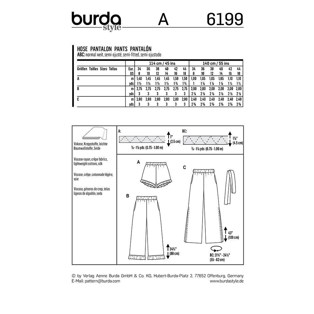 BURDA Sewing Pattern Pull‑On Trousers & Shorts 6199 Paper Pattern