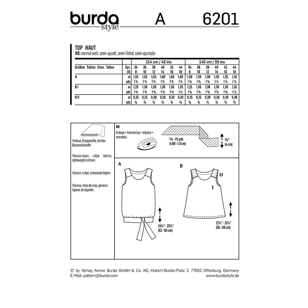 BURDA Sewing Pattern Summer Tops Hem Variations 6201 Paper Pattern