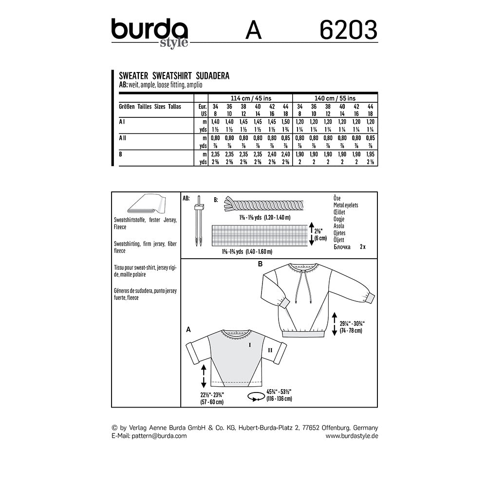 BURDA Sewing Pattern Sweatshirt Style Variations 6203 Paper Pattern