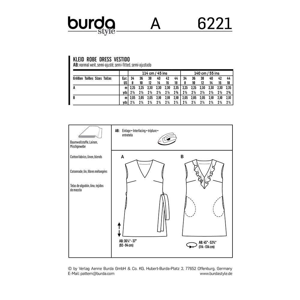 BURDA Sewing Pattern Sleeveless V‑Neck Dress 6221 Paper Pattern