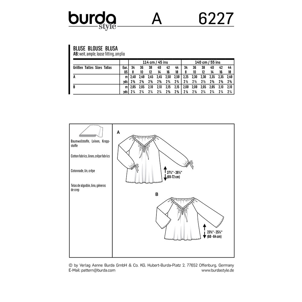 BURDA Sewing Pattern Carmen Blouse Drawstring Neck 6227 Paper Pattern