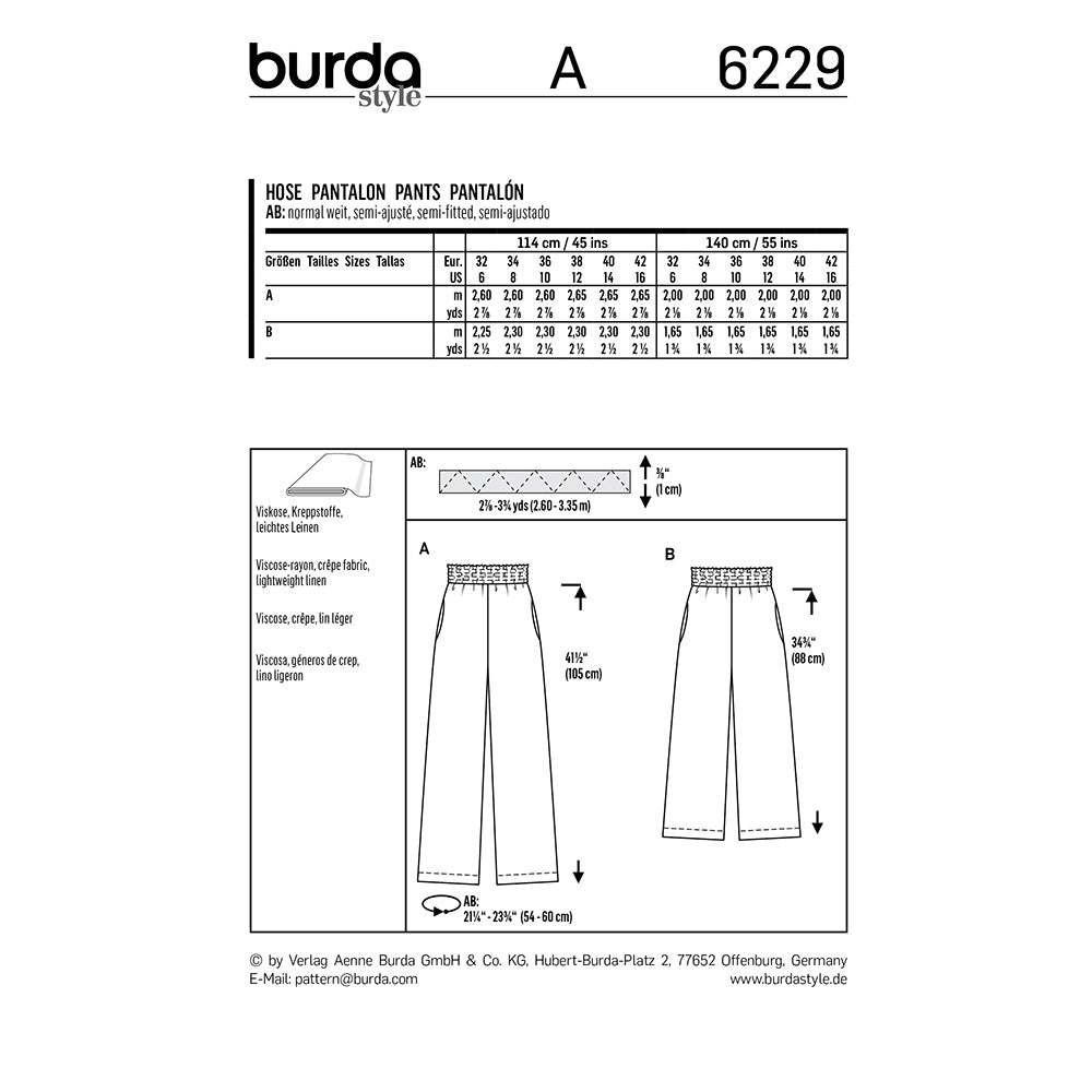 BURDA Sewing Pattern Pull‑On Trousers Elastic Waist 6229 Paper Pattern
