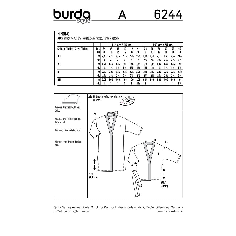 BURDA Sewing Pattern Kimono Coat/Jacket Two Lengths 6244 Paper Pattern