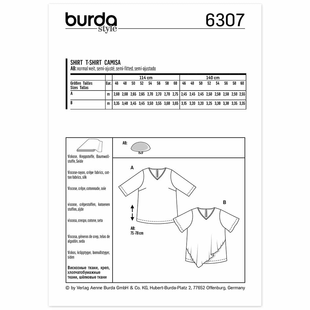 BURDA Sewing Pattern Pattern 6307 Blouse Top V-neck