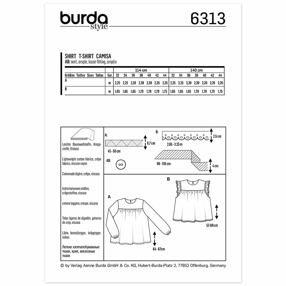 BURDA Sewing Pattern Pattern 6313 Blouse Top With Yoke Babydoll Style