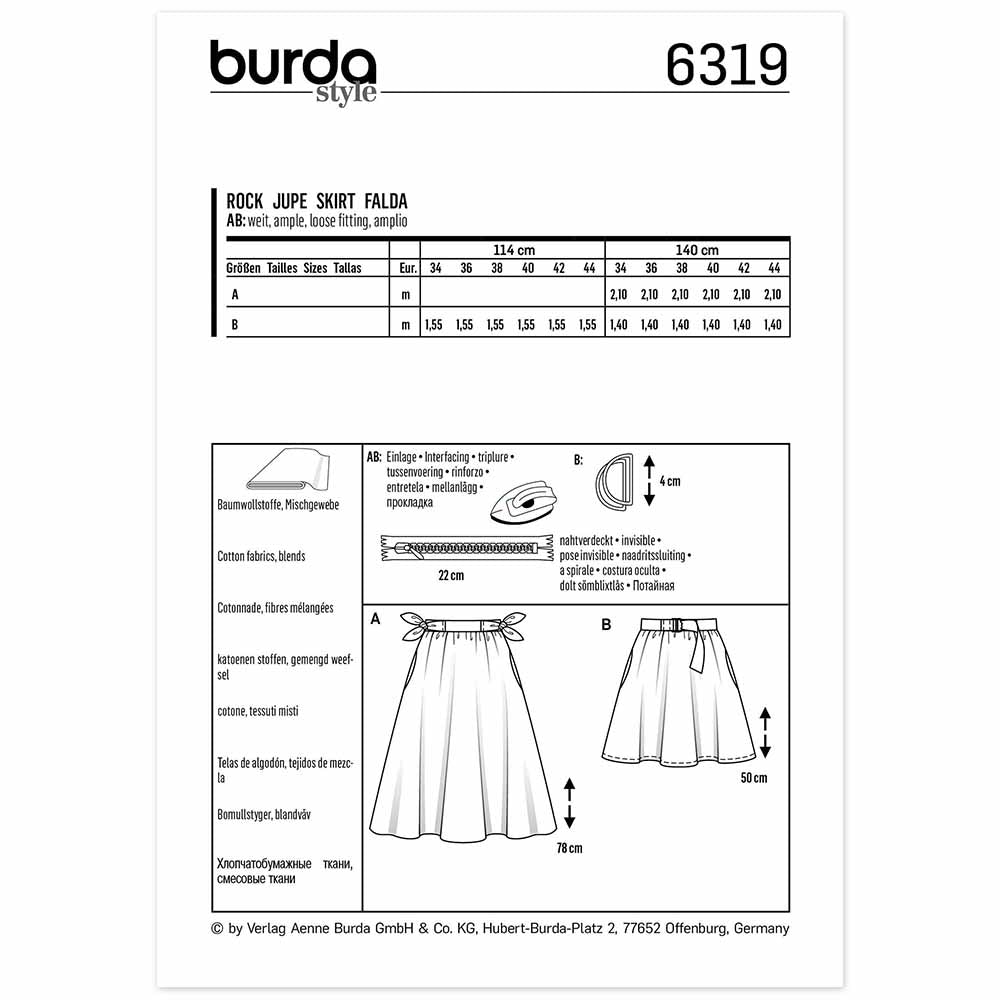BURDA Sewing Pattern Pattern 6319 Bell-shaped Skirt Gathered, With Pockets In Seams
